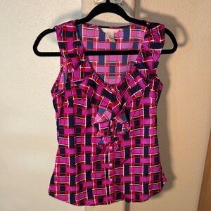 Banana Republic ruffled neckline Pink and Purple Checkered Blouse XS